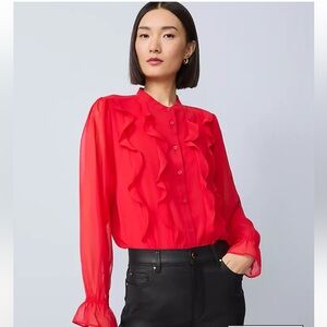 Ann Taylor Iconic Red Ruffle Front Sheer Blouse XS NWT